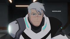 an animated character with white hair and grey hair wearing a futuristic suit, staring at the camera