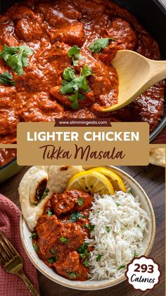 lighter chicken tikka masala in a bowl with rice and lemon wedges