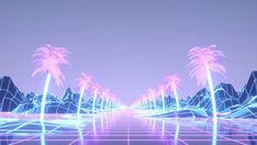 a futuristic landscape with palm trees and mountains in the background