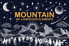 the mountain landscape with stars and moon in the night sky, hand drawn illustration on dark blue background