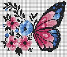 a cross stitch butterfly with pink and blue flowers on it's wings, is shown