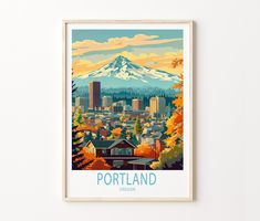 the portland skyline is shown in this colorful poster, with mountains and trees surrounding it