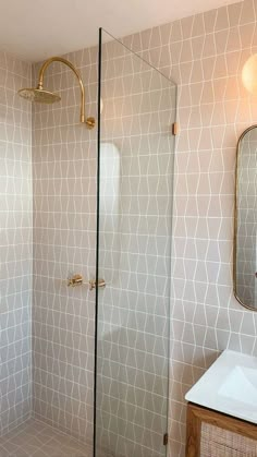 a walk in shower sitting next to a white sink