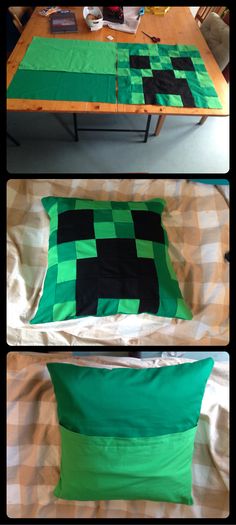 three photos of the same pillow made out of green squares and black squares on a bed