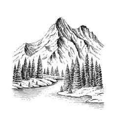 an ink drawing of a mountain lake with trees on the shore and mountains in the background