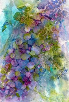 an abstract painting of grapes and leaves