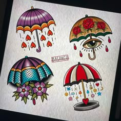 four different colored umbrellas with flowers and hearts on them, each one has an eye