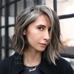 Highlights And Lowlights To Blend Grey Hair, 2023 Gray Hair Trends For Women, Blending Natural Gray Hair, Medium Tousled Hair, Mushroom Brown Hair With Grey Highlights, Cute Short Grey Hairstyles, Growing Grey Out With Highlights, Gray Blending With Lowlights, Grey Highlights In Brown Hair Brunettes