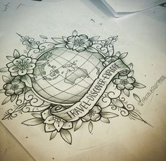 a drawing of a globe with flowers around it