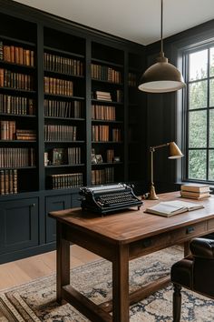 an old fashioned typewriter on a desk in front of a bookcase