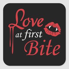 love at first bite sticker with lips and lipstick on it's black background