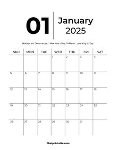 a calendar for january with the holidays in black and white, on a white background