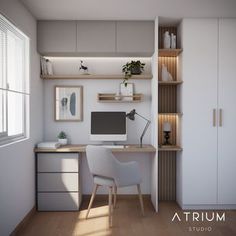 a computer desk sitting under a window in a room