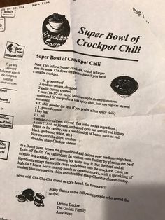 the menu for super bowl of crockpot chili is displayed on top of a piece of paper