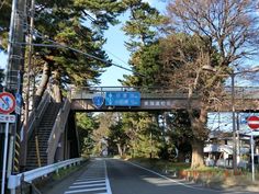 a bridge over a street with trees on both sides and traffic signs above the road