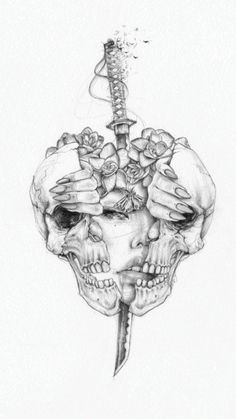 a pencil drawing of a skull holding a knife with roses on it's head