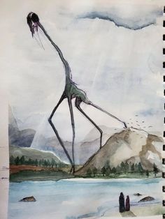 a drawing of an alien walking across a lake