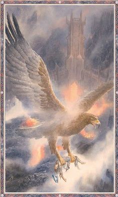 a painting of an eagle flying through the air with flames coming out of its wings