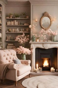 a living room filled with furniture and a fire place in front of a book shelf