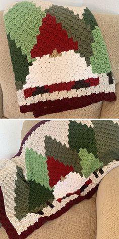 two pictures of the same blanket on a couch, one is red and white with green leaves