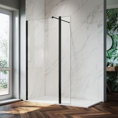 a white and black shower in a room