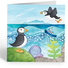 a greeting card featuring a seagull and a boat in the ocean with bubbles