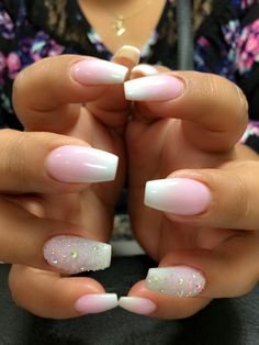 Ombre Nail With Gems, Ombre Gel Nails Almond, Summer Nails Ombre French, Ambre Nails Ombre Pink And White Glitter, Square Ombre French Nails, Pink Ambra Acrylic Nails, Ambre Nails Ombre Summer, Hombre Nails Ombre Pink And White, Vacation Ombre Nails