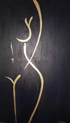 an abstract painting of a woman's face with gold paint on black paper background