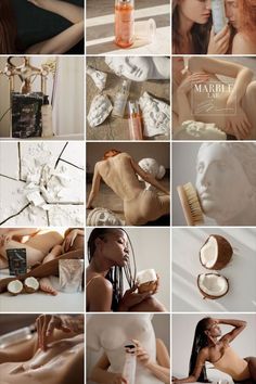 the collage shows many different images of women with hair and make - up products