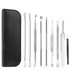 9 PCS Blackhead Acne Tool Kit   Features:       9 pcs Professional High Quality Pushers and Pimple Extractors for Removing Blackheads, Whiteheads,Pimples and Blemishes.         · All Extractors are used for deep pushing of blackheads and whiteheads etc.         · Double Looped Tools, Needle Extractor Tool, Cone dome Extractor Tool and Extractors for every Size and Shape of Blackheads.         · It is Easy to travel kit with leather case.         · High quality tools for professional usage & personal care.         · The Best time to remove blackheads is after shower or just use warm face towel over your face to open up your fine pores       Applications: Blackheads, Whiteheads, Acne Breakouts, Enlarged pores                                                                        Located in: Pimple Remover Tool, Acne Tool, Pore Extraction, Pimple Popper Tool, Pimple Extractor, Remove Skin Tags Naturally, Blackhead Extractor Tool, Comedone Extractor, Blackhead Remover Tool