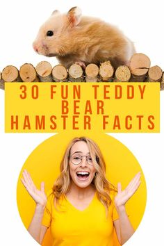 a woman in yellow shirt standing next to a hamster on top of a sign