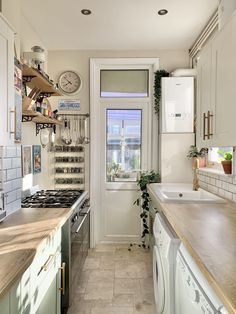 a narrow kitchen with lots of counter space