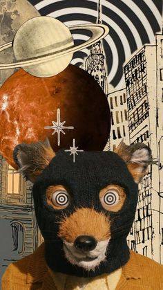 an animal wearing a black hat and brown jacket with space in the sky above it