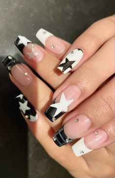 #blackandwhite #blacknails #whitenails #blacknaildesigns #starnails #stargirl nails #stargirl #nails #nailart #nailpolish #nailinspiration #aesthetic #aestheticnails #reputation #taylorswiftnails #naildesign #inspiration #pinterest #tiktok #trendy #halloween #halloweennails Black And White Stars Nails, Y2k Nails White And Black, Black And White Nails Acrylic, Stargirl Nails, Hello Nails, Cute Simple Nails, Cute Acrylic Nail Designs, Kawaii Nails