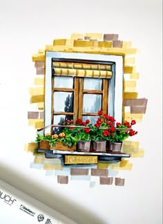 a drawing of a window with potted flowers on the windowsill and a marker next to it