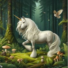 a white unicorn standing in the middle of a forest with mushrooms and an owl flying overhead