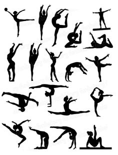 the silhouettes of people doing different yoga poses, including one man and two women