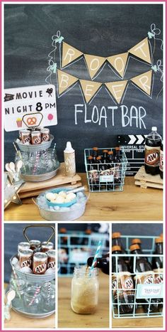 a collage of photos showing various items for a movie night floatr party, including drinks and snacks