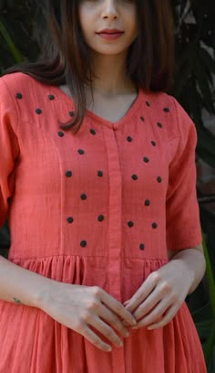 Peach Khadi V Neck Dress with Polka Applique Feeding Kurti, Bright Dresses, Feeding Dresses, Frocks And Gowns, Churidar Designs, Simple Kurta Designs, Simple Kurti Designs, Salwar Designs