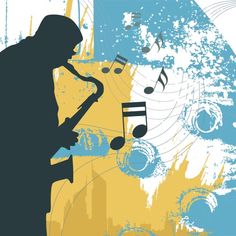 a man is playing the saxophone in front of music notes and grungy background