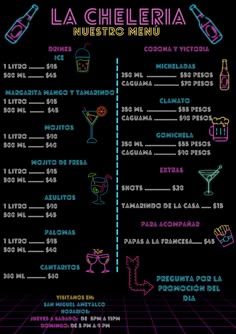 the menu for la cheleria restaurant in mexico, with neon colors on it