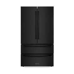 a black refrigerator freezer sitting on top of a white wall