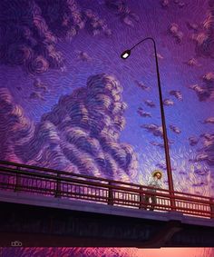 a person walking across a bridge under a purple sky with clouds and a street light