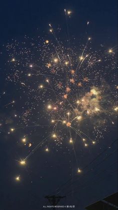 fireworks are lit up in the night sky above power lines and telephone poles with wires below