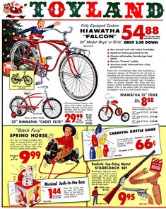 an advertisement for toyland featuring children's bikes and toys in various styles, sizes and colors