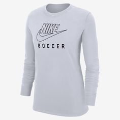 It's your game. Make sure everybody knows it with this classic Nike long-sleeve tee. Women's Soccer, Nike Long Sleeve, Nike Soccer, Womens Soccer, Nike Swoosh, Active Wear For Women, Long Sleeve Tshirt, Long Sleeve Tees, Active Wear