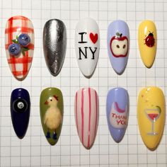 Smiling Friends Nails, I Love Ny Nails, New York Nail Ideas, Teeth Nails Art, Wes Anderson Nails, New York Inspired Nails, Paul Frank Nails, Nyc Nails Designs, Lorax Nails