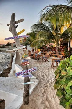 there are many signs on the beach pointing to different destinations and places that you can see