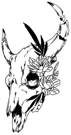 a drawing of a skull with flowers on it's head and an arrow sticking out of its mouth