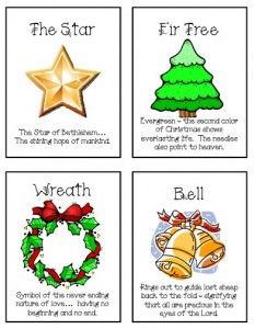 four different christmas cards with the names of each holiday tree, star, wreath and bell